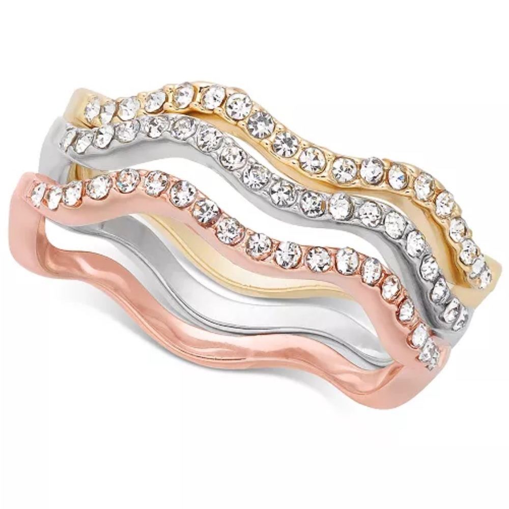 Charter Club Tri-Tone Silver, Gold Plated, 18K Rose Gold Plated Pavé Wavy Rings